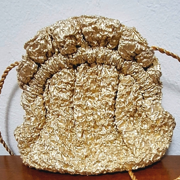 Grace Chuang Vintage Evening Crossbody Purse Gold Crinkle 7"x8" - Picture 3 of 7